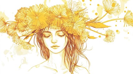 An elegant ink art depiction of a dandelion flower crown, created with intricate details and highlighted by golden ink. The golden hues emphasize the delicate and whimsical nature of the dandelion