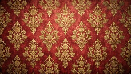 Distressed red velvet wallpaper with gold accents and intricate patterns , velvet, design