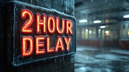 A sign that reads “2 HOUR DELAY”. - school - bad weather - snow - ice - frigid cold conditions - start time - morning 