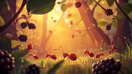 Naklejka premium The story - a fairy tale for children about ants, picking blackberries in the forest. beautiful simple ai generated image. Sanguine. Illustration