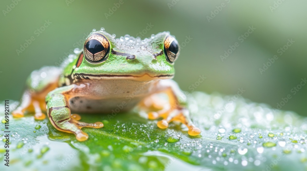 Poster A green frog sits calmly on a vibrant leaf, surrounded by morning dew in a serene garden. Its smooth skin glistens with droplets