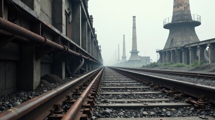 Fototapeta premium Rustic Industrial Railroad Tracks Leading to Foggy Factory Chimneys