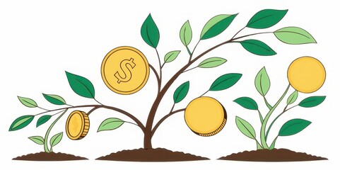 A stylized illustration of a tree with coins as fruit, symbolizing growth, prosperity, and financial investment.