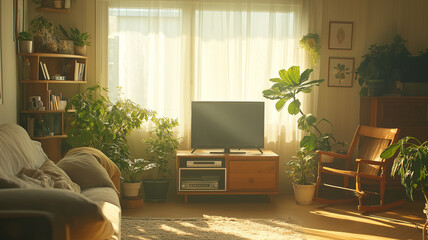 大きな窓から差し込む光が美しい、観葉植物に囲まれたテレビのある部屋。ソファがあり、リラックスできるスペース。在宅仕事、オンラインセミナー、Zoom、打ち合わせ、SNS、動画の背景として使えます