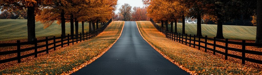 Fototapeta premium A serene autumn road lined with vibrant orange trees.