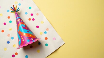 Obraz premium A Colorful Party Hat Resting on Confetti Scattered on a White Surface Against a Yellow Background