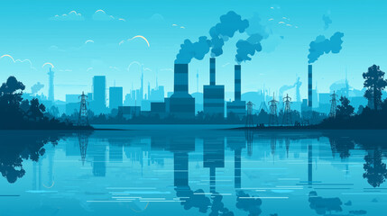 Obraz premium Factory Skyline with Smoking Stacks Against a Blue Sky Reflected in Water