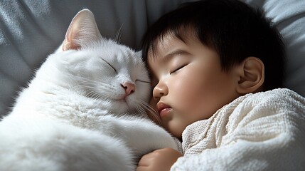 Cute Baby and Cat Peacefully Sleeping Together