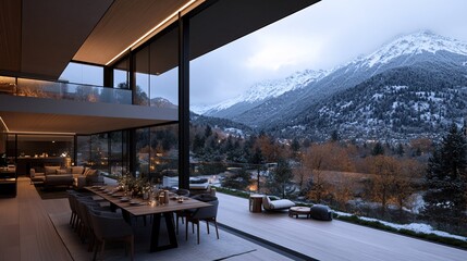 Fototapeta premium Modern Swiss Chalet with Scenic Mountain Views