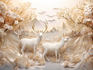 Elegant white and golden 3D floral tree with mountains and deer in a serene landscape, art deco. Perfect for decorative purposes, living room walls, and interior design.