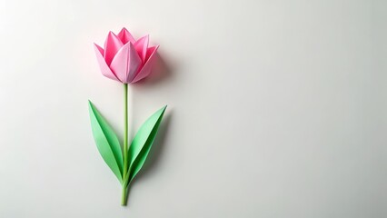 Fototapeta premium Paper Craft Cut Origami Pink Tulip Flower with Petals and Stem , cut flower, paper cutting