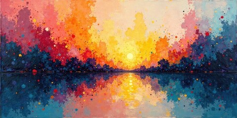 Fototapeta premium Vibrant Sunset Reflected in a Serene Lake, a Colorful Abstract Landscape Painting