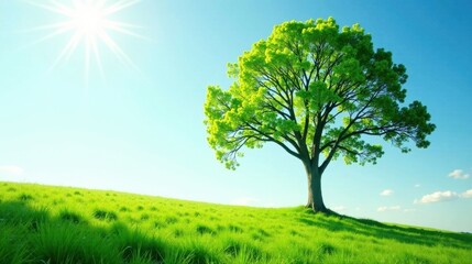 Fototapeta premium Serene landscape of a lush green tree on a vibrant grassy hill under a bright sun