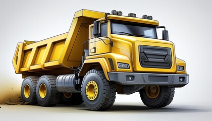 A vibrant yellow dump truck positioned at an angle, showcasing its robust design and large wheels, ready for construction or transport tasks.