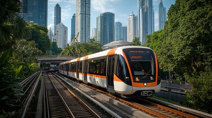 Naklejka premium Futuristic Train Racing Through Modern Cityscape