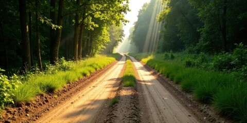 Obraz premium Sunlit Forest Path A Serene Dirt Road Through Lush Green Foliage