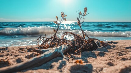 Naklejka premium Driftwood and Sea Flora on a Sandy Beach