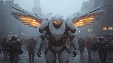 Naklejka premium Golden Robot with Angelic Wings in Urban Setting