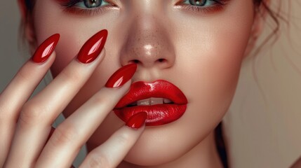 Beautiful girl with classic makeup and red nails, AI generated image