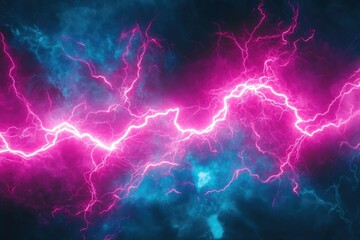 Fototapeta premium Dramatic purple and pink lightning bolts against black background.