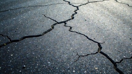 Obraz premium Cracked Asphalt Surface Texture Detailed Close-Up View of Road Deterioration
