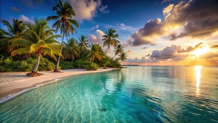 Fototapeta premium Tropical beach at sunset with palm trees surrounding a crystal-clear lagoon and white sandy shore, surrounded by turquoise waters, turquoise water, sunset