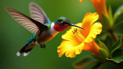 Fototapeta premium Hummingbird hovering to sip nectar from a bright yellow flower, - captures the beauty and delicateness of nature, - suitable for nature magazines, botanical websites, educational materials, and social
