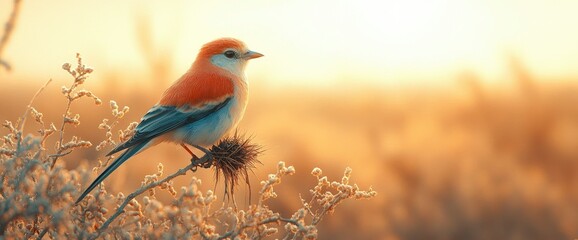 Fototapeta premium Serene Sunset A Colorful Bird Perched on a Winter Branch