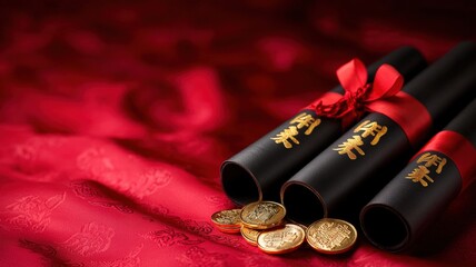 Three elegant scrolls with gold accents and red ribbons lie atop a rich red fabric, accompanied by shiny gold coins, evoking themes of celebration and prosperity.