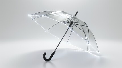 A futuristic umbrella with a transparent polymer canopy and glowing LED ribs