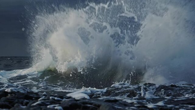 Powerful ocean wave crashing on rocky shore, dramatic seascape. Nature force and ocean energy concept