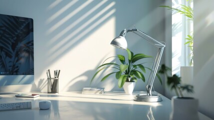 A modern desk lamp with a matte silver finish and adjustable arm