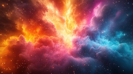 Vibrant cosmic cloudscape with fiery orange and cool blue hues, interspersed with glittering particles.