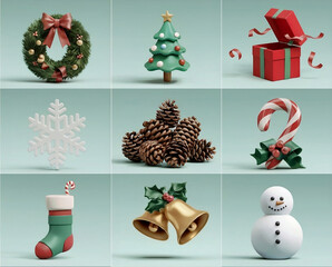 3d cartoon Christmas icon with Christmas tree, gift box, snowflake, pinecone, twisted fruit, sock, bell, snowman and other elements, total icon