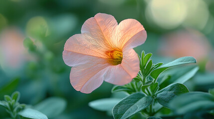 Fototapeta premium Close-up of a delicate peach-colored flower with a yellow center, soft background.