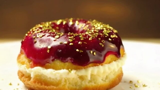 Golden berry cronut with berry glaze, gold dust, and warm amber lighting for a sparkling luxurious effect