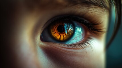 Fototapeta premium Close-up of a child's eye looking at the camera with a focused expression.