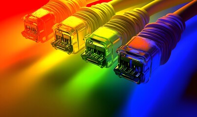 Four network cables with connectors on a rainbow background.