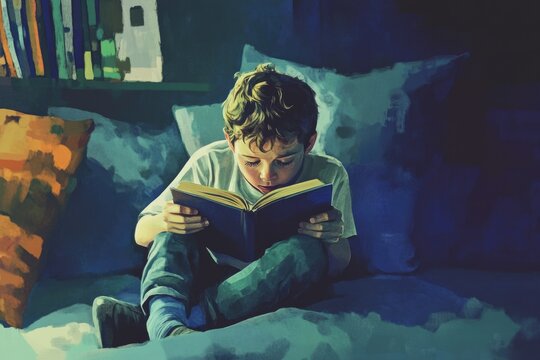 A young boy sitting in bed, engrossed in reading a book.