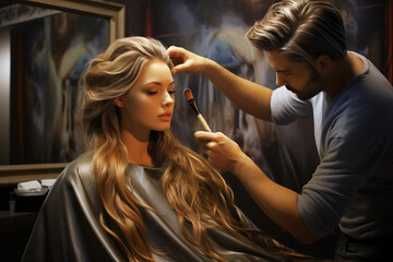 Naklejka premium Hairstylist carefully applies makeup to model with long, flowing hair in well-lit studio. Atmosphere creative and focused, showcasing beauty art.
