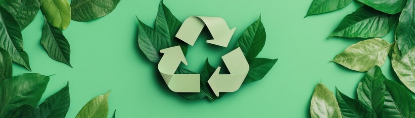 Fototapeta premium Recycling symbol surrounded by green leaves on a soft background.