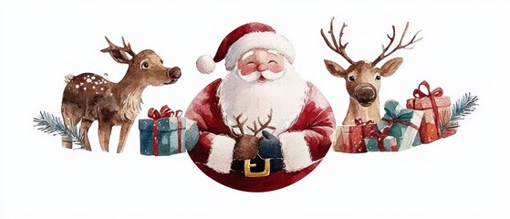 Fototapeta premium Watercolor Christmas Santa Reindeer Gifts Illustration