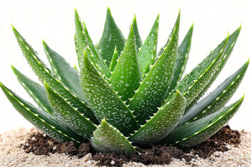 Fototapeta premium Aloe vera plant with water drops on leaves in soil.