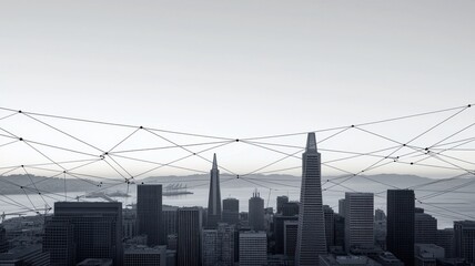 Obraz premium Urban skyline with digital network concept in monochrome tone.