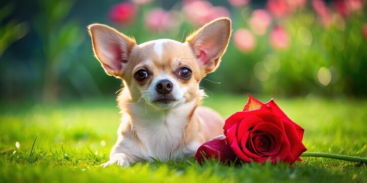 A small Chihuahua dog lies on a green grassy lawn with a large rose in front of it and a few petals scattered around its nose, its ears perked up slightly , animal, adorable chihuahua
