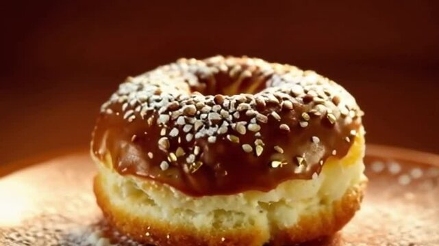Nutty glitter cronut with hazelnut glaze, gold glitter, and warm amber lighting, creating a magical sparkling effect