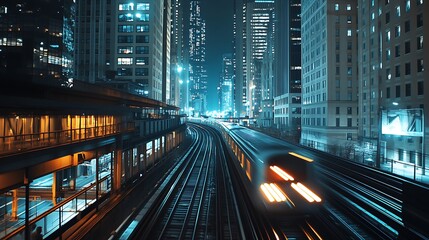 Fototapeta premium Night Cityscape Train Tracks Urban Transportation Scene
