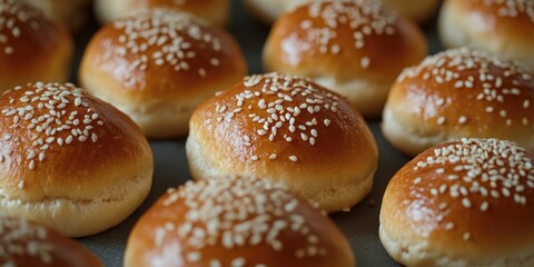 A batch of freshly made bread rolls topped with sesame seeds, ready for the oven.