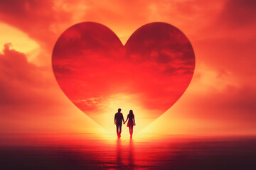 Fototapeta premium The theme is a huge red heart with a couple walking hand in hand into the distance in the background. Valentine's Day Concept. 