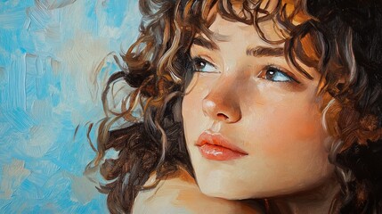 Fototapeta premium Close-up oil painting of a young woman with curly hair, gazing thoughtfully.